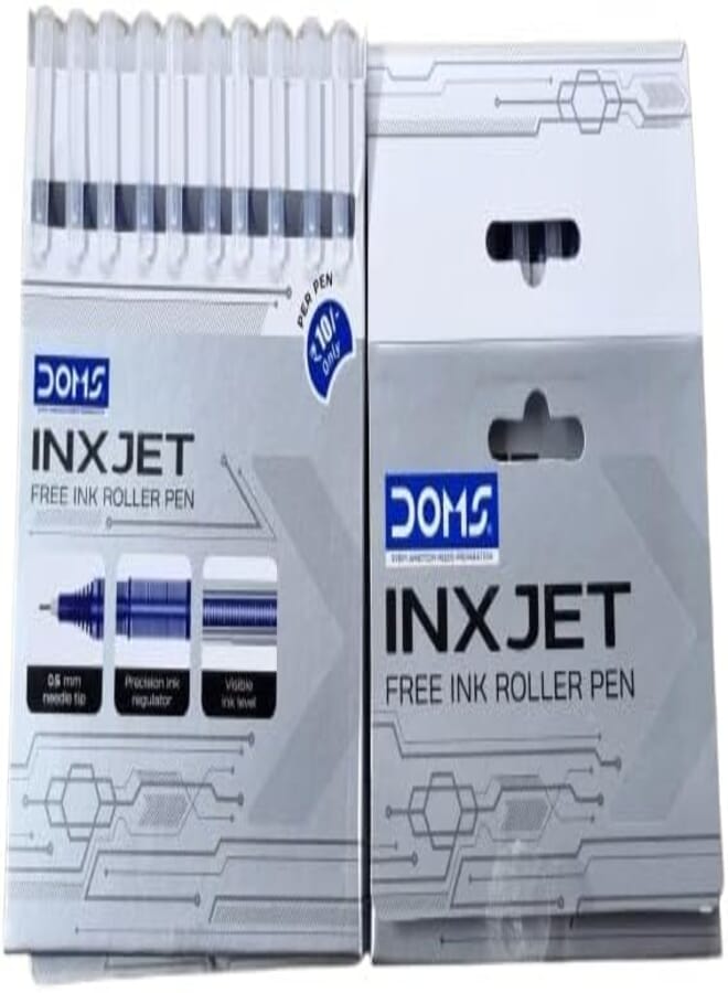 Doms Inxjet Roller Pen| 0.5mm Needle Tip, Precision Ink Regulator, Visible Level| Comfortable Grip For Long & Smooth Writing| Pocket Clip| Ink Colour- Blue| Pack of 20